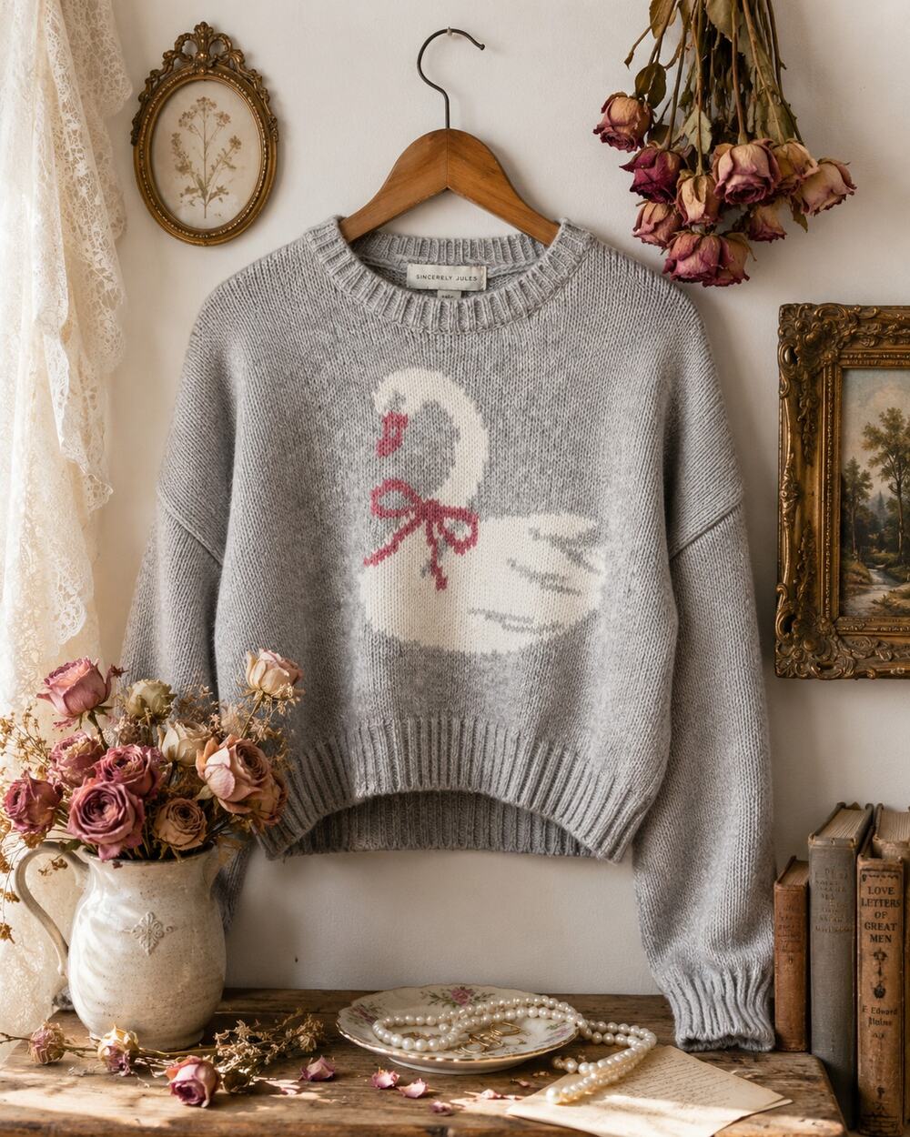 Sincerely Jules Swan Sweater Gray Cropped Knit Pullover Size Small